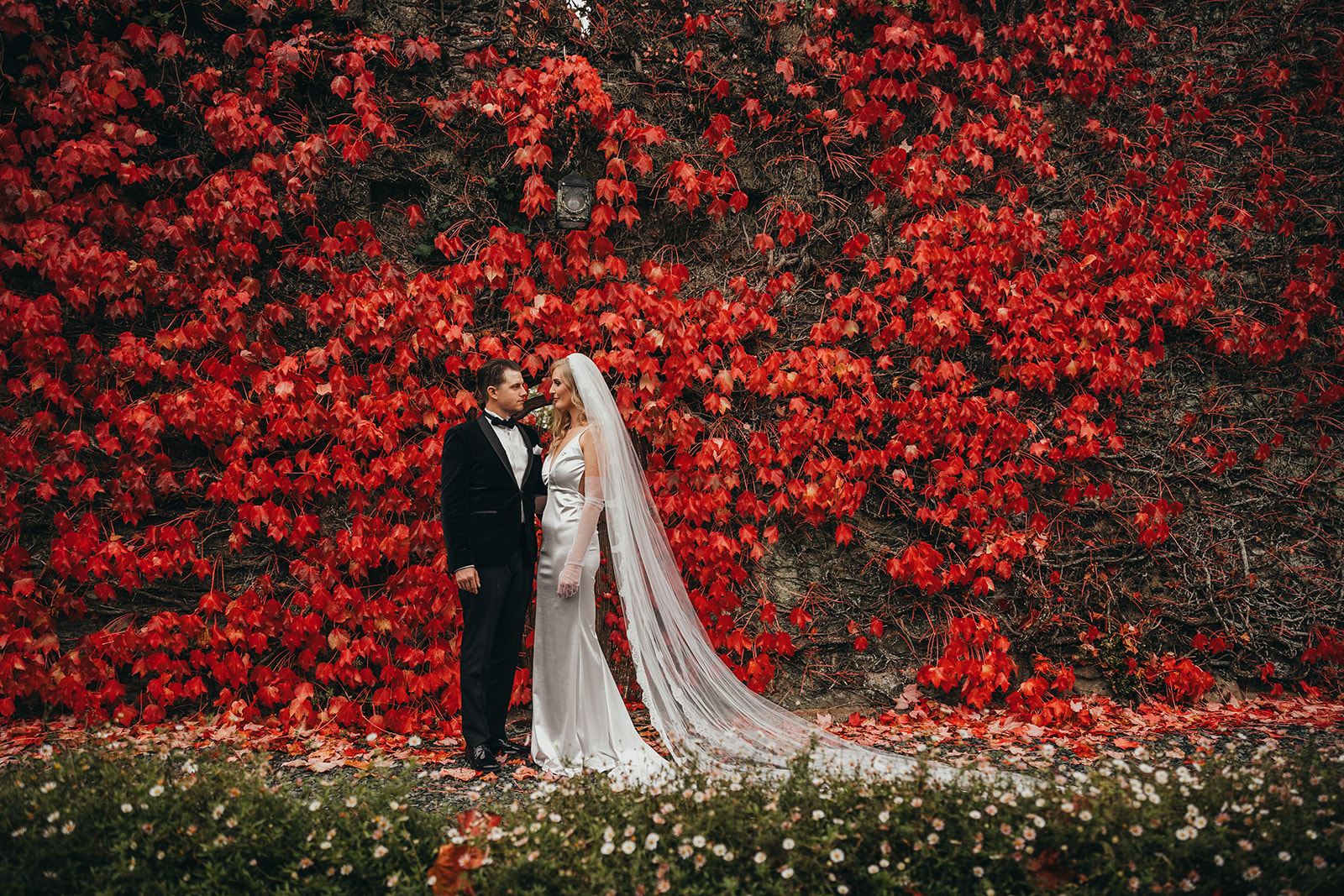 chic bride and groom in satin white dress, and velvet black tux, standing in front of a stone wall covered in red autumnal foliage